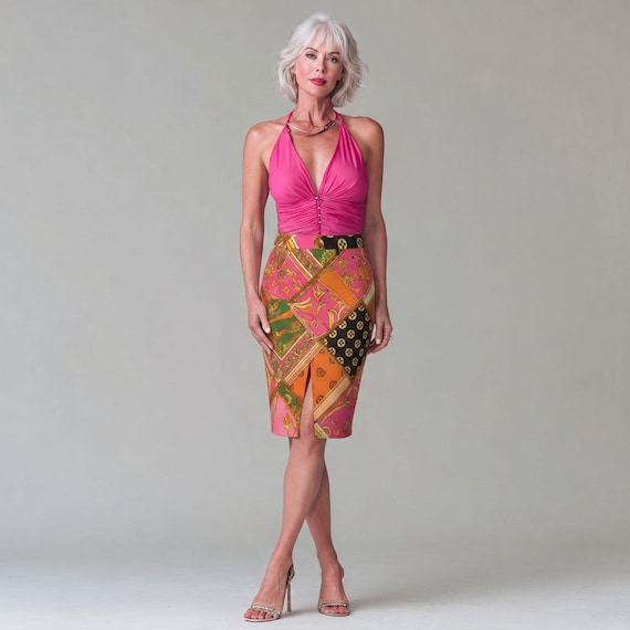 Colorful Patchwork Denim Skirt Women Boho Midi Skirt Pink Orange Resort Style