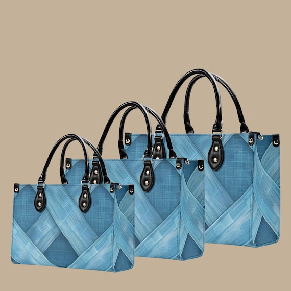 Abstract Blue Leather Tote Bag, Ocean Brushstroke Handbag Convertible Shoulder Purse