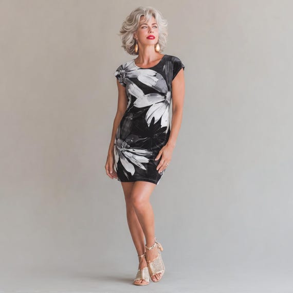 Midnight Bloom T-Shirt Dress | Black White Floral Midi Dress