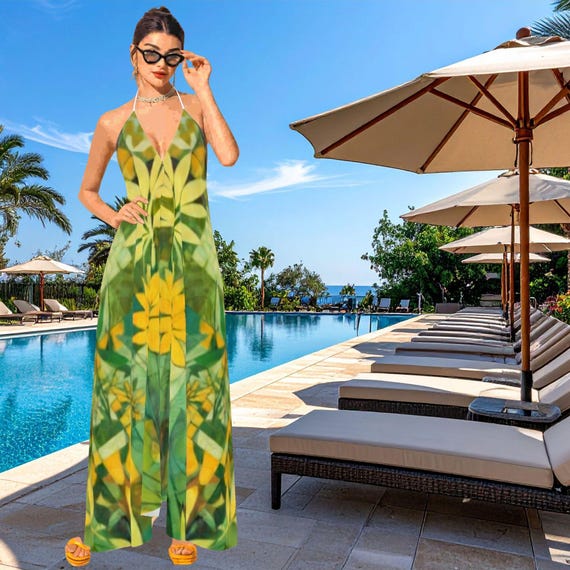 Green Silk Halter Maxi Dress Botanical Open Back Resort Luxury Glamorous