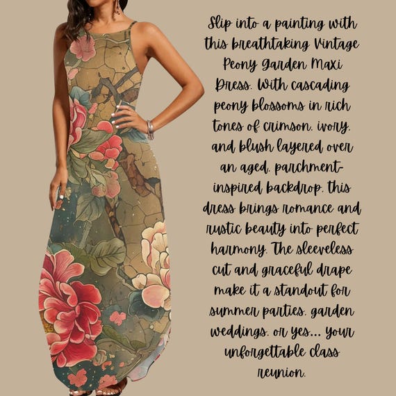 Vintage Botanical Spaghetti Strap Maxi Dress with Red and Cream Peony Floral Print