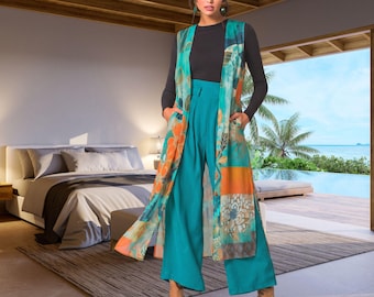 Teal Orange Chiffon Duster Vest: Sleeveless, Flowy, Lightweight Layering Statement