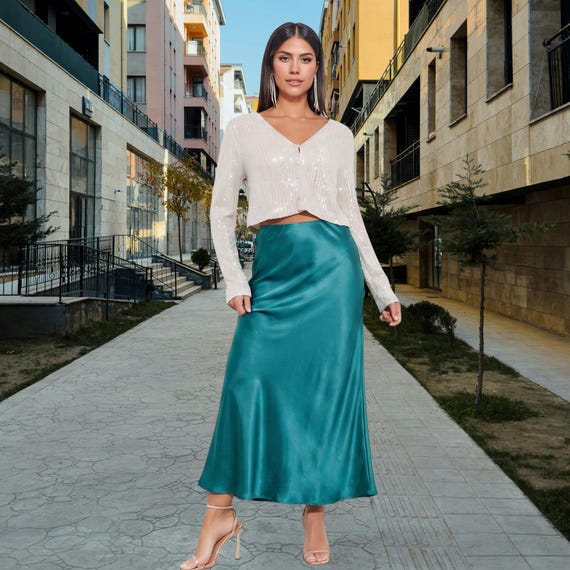 Teal Satin Midi Skirt Flowy Slip On Elegant Lightweight Minimal Chic