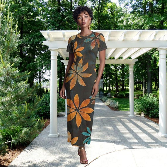 Groovy Retro Black Maxi Dress With Oversized Orange and Teal Floral Prints