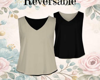 Plus Size Reversible Beige & Black Sleeveless Flowy V Neck Top Elegant Minimalist Travel Friendly
