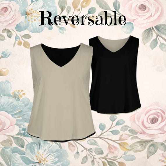 Plus Size Reversible Beige & Black Sleeveless Flowy V Neck Top Elegant Minimalist Travel Friendly