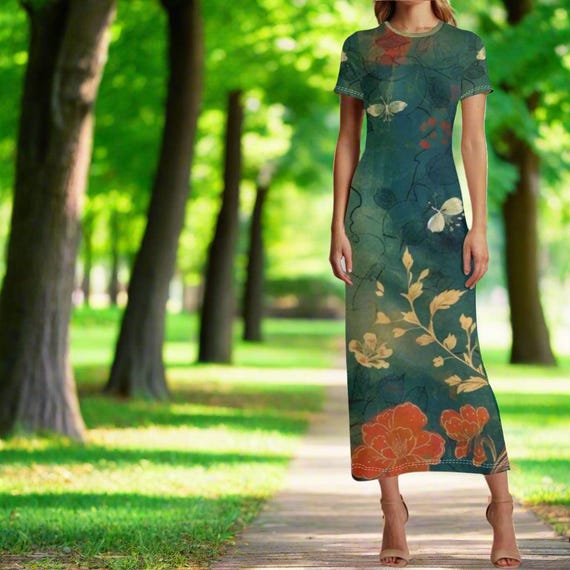 Green & Yellow Vintage Print Elegant Black V-Neck Midi Dress