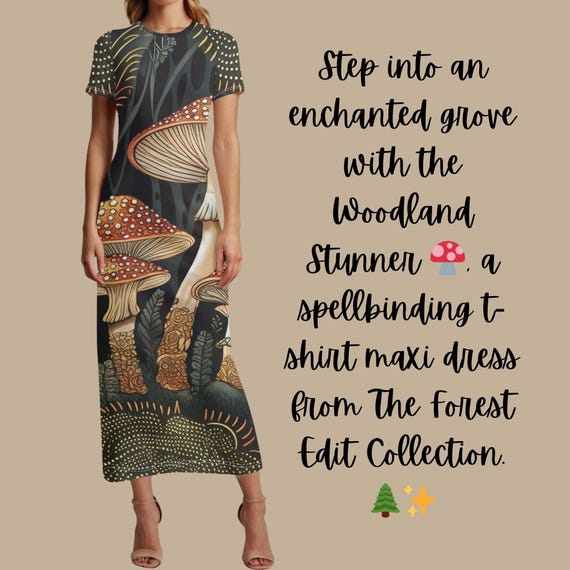 Woodland Mushroom Maxi Dress Forest Enchanted T-Shirt Dress Boho Witchy Fairycore Clothing