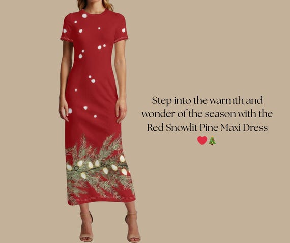 Red Snow Lit Pine Christmas T-Shirt Dress with Falling Golden Pine Light Design Elegant