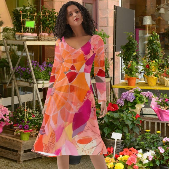Long Sleeve Floral Dress Pink Orange Sunset Artistic Floral V Neck Colorful Spring Modern Dress The Harbor Edit XS-4XL