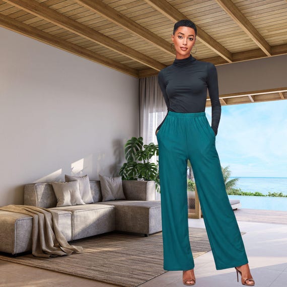Botanical Teal Straight Lounge Pants: Soft Knit, High Waist, Everyday Comfort Chic