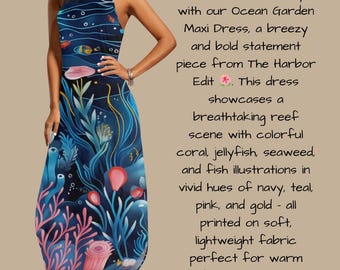 Vestido longo Ocean Dreams com estampa artística de recifes de coral subaquáticos e peixes tropicais, perfeito para a praia no verão.