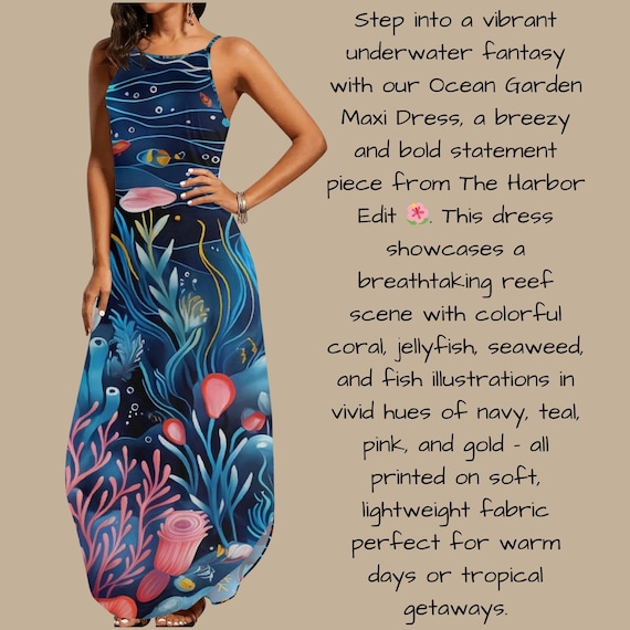 Ocean Dreams Maxi Underwater Coral Reef & Tropical Fish Print Artistic Summer Beach Dress Flowy