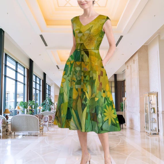 Golden Solstice Fit & Flare Midi Dress: V-Neck Abstract Botanical Elegant