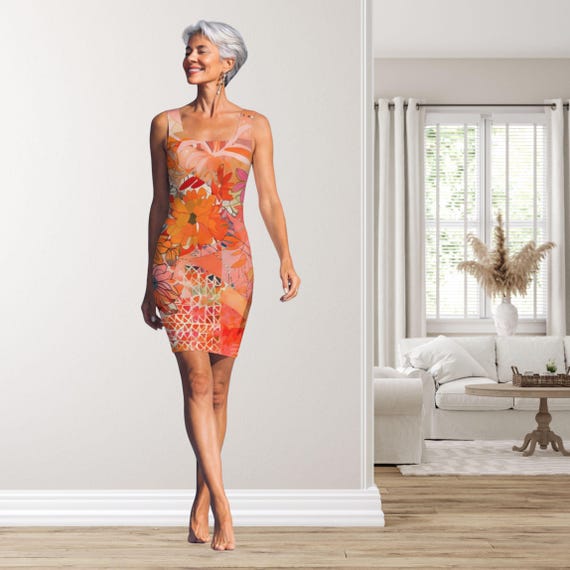 The Sunspell Muse Dress Orange Floral Bodycon Mini Fitted Summer Sleeveless Casual Chic Vibrant Artistic Dress