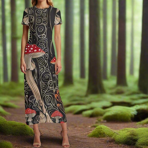Enchanted Forest Fairycore Artwear Whimsical Mushroom Fantasy T-Shirt Dress Enchanted Black Maxi
