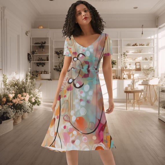 Abstract Art V Neck Dress Modern Artistic Short Sleeve One-Piece Gift for Her