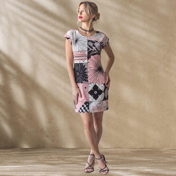 Blush Noir Mosaic T-Shirt Dress Pink Botanical Patchwork Midi