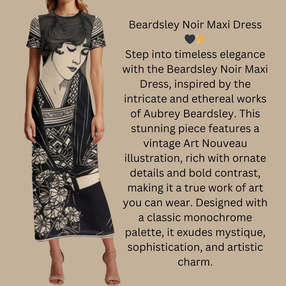 Art Deco Portrait Maxi Dress Vintage Illustration T-Shirt Dress Black and Cream Elegant Art Dress