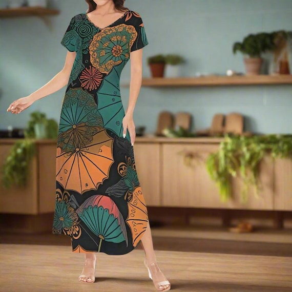 Parasol Print Maxi Dress Short Sleeve Summer Dress V-Neck