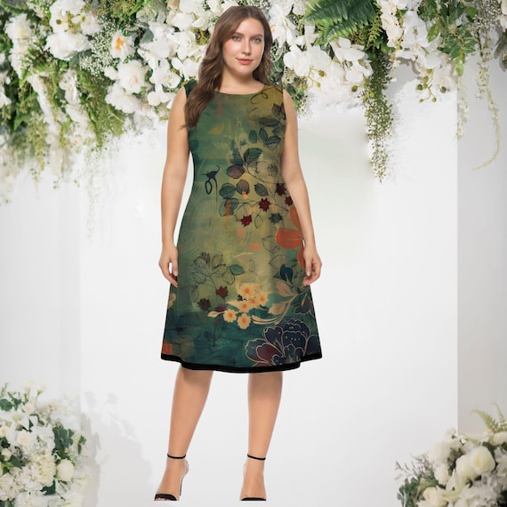 The Verdant Grace Dress – Green Floral Sleeveless Midi Dress, Elegant Fit & Flare Plus Size