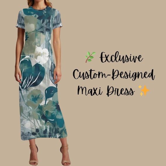 Teal & Ivory Watercolor Floral Maxi Dress Short Sleeve Summer Boho Dress