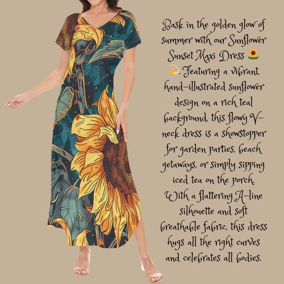 Teal & Gold Floral V-Neck Summer Dress Sunflower V-Neck Chic