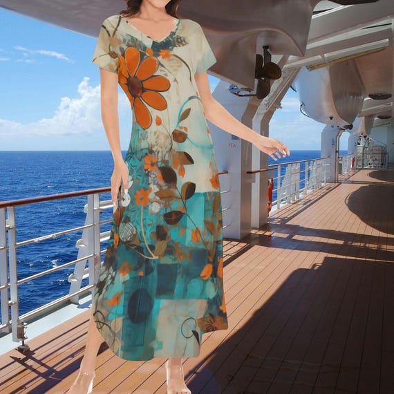 Sunset Bloom Mosaic V-Neck Boho Floral Orange & Teal Abstract Midi Casual Summer Loose Fit Dress The Harbor Edit