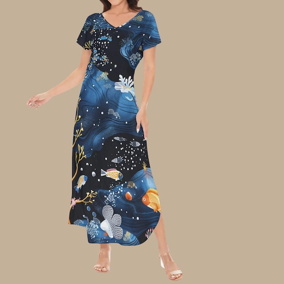 Midnight Ocean Maxi Dress for Women – Navy Blue Coral Reef V Neck Backless Dress, Deep Sea Art Print Dress, Elegant Vacation Maxi XS–4XL