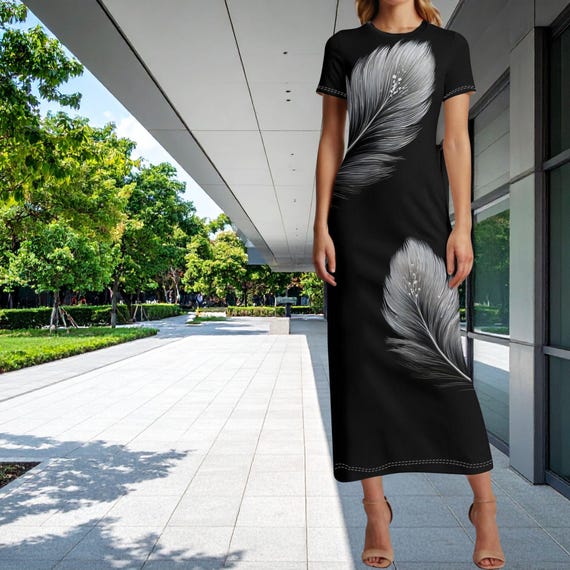 Silver Feather Maxi Dress Elegant Black Feather Minimalist Art  Modern Statement