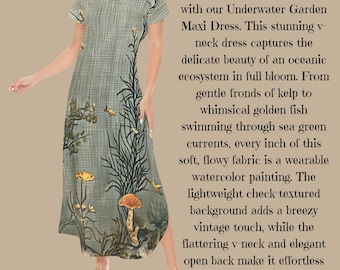 Vestido longo personalizado com estampa de jardim subaquático: decote em V estilo vintage com detalhe marcante de peixe.