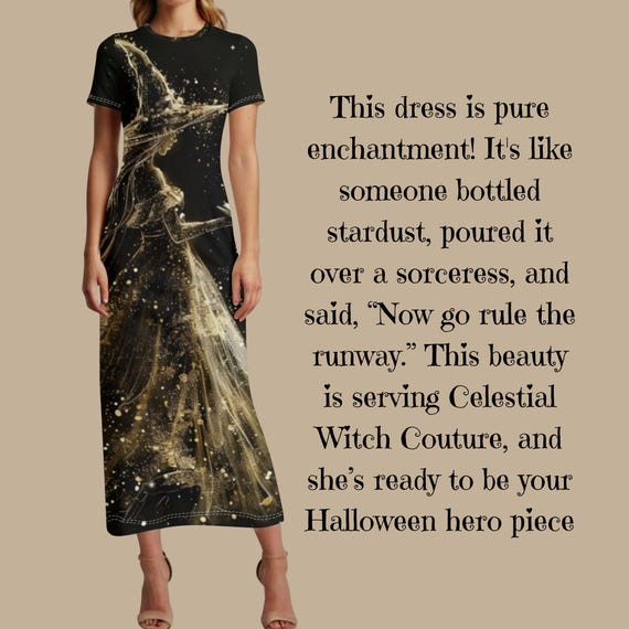 Golden Witch Silhouette Maxi Dress – Enchanted Black Gold Witchy Gown Celestial Halloween Fantasy