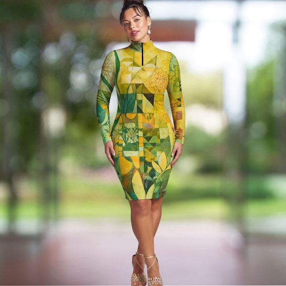 Golden Solstice Victoire Dress: Long Sleeve Fitted Zip Neck Abstract Midi