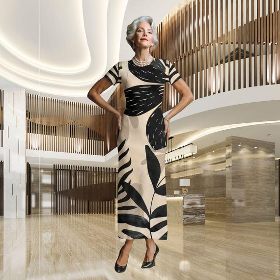 Monochrome Muse Maxi Dress – Black and Cream Abstract Leaf Print T-Shirt Dress
