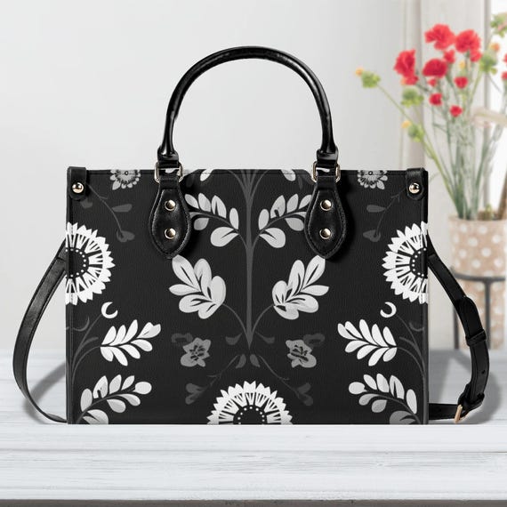 Black & White Floral Handbag Luxury Pleather Tote Purse