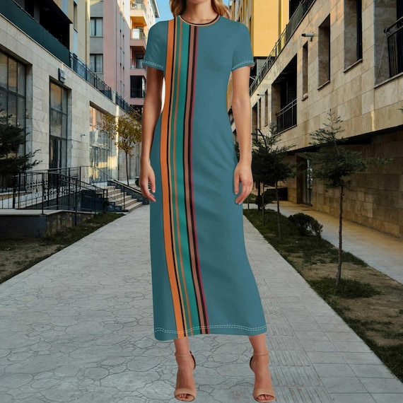 Teal Stripe Maxi Dress  Coastal Color Block Modern Vertical Stripe Artistic Resort Maxi  Statement Dress The Harbor Edit XS-4XL