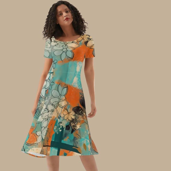 Teal and Orange Floral Midi Dress Scoop Neck Short Sleeve Botanical Outfit