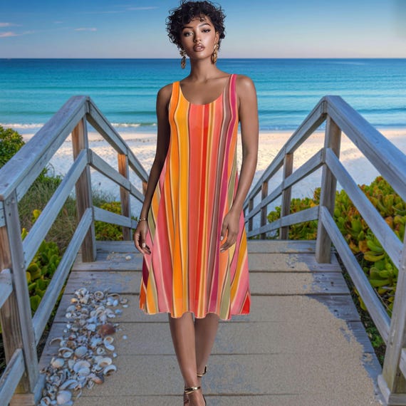 Colorful Stripe Midi Dress Sleeveless Flowy Summer Vacation Lightweight Chic