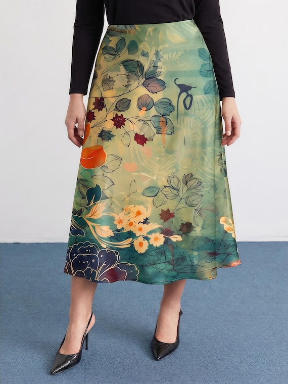 Floral Satin Skirt Women Midi