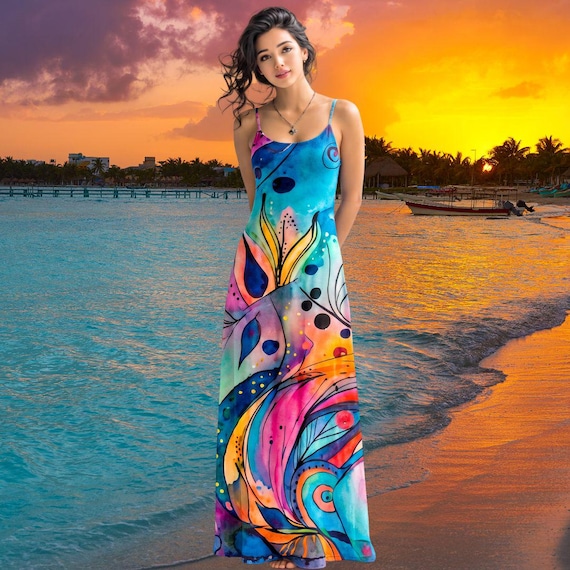 Colorful Abstract Maxi Dress Tropical Art Spaghetti Strap
