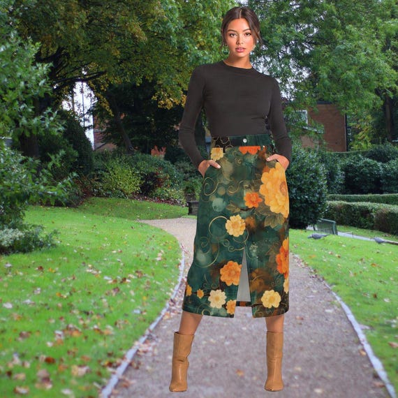 Aurelia Botanical Denim Mini Midi Maxi Skirt | Teal Floral Artsy Boutique Fashion