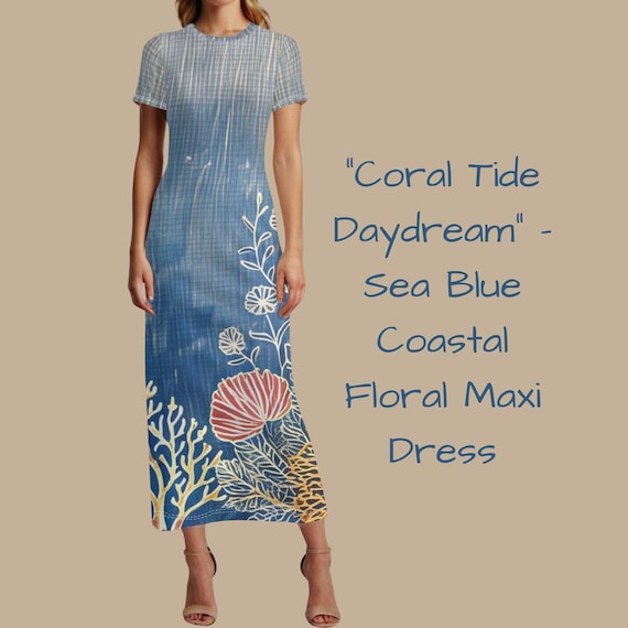 Sea Blue Coastal Print Summer Dress Blue Ocean Breeze Mid Length Short Sleeve T-Shirt