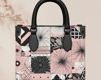Blush Noir Mosaic Leather Handbag Pink Botanical Patchwork Nappa Leather Purse