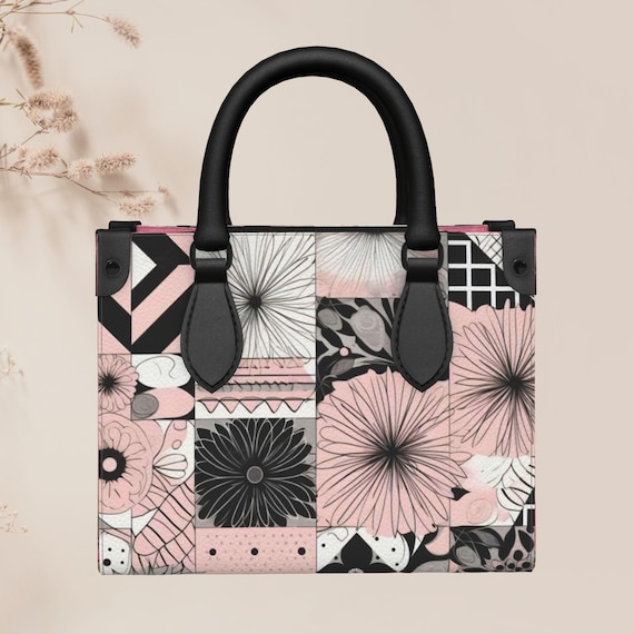 Blush Noir Mosaic Leather Handbag Pink Botanical Patchwork Nappa Leather Purse