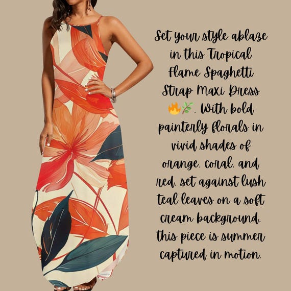 Tropical Sunset Spaghetti Strap Maxi Dress with Bold Orange and Red Floral Print