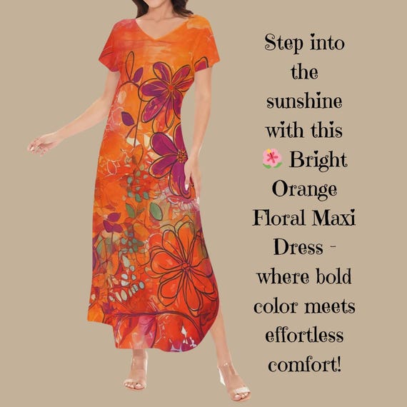Bold Orange Floral Maxi Dress With Artistic Purple Blooms And Abstract Watercolor Design