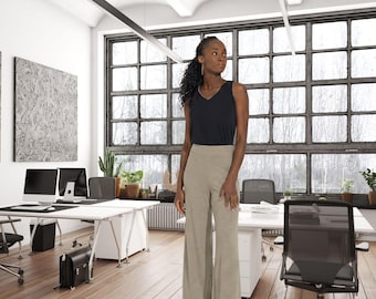 Hohe Taille Palazzo Weites Bein Neutral Beige Hose Elegante Reise Minimalist Chic Der Hafen Bearbeiten