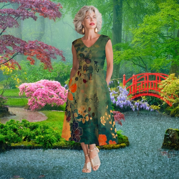 The Verdant Muse Dress  Floral Fit Flare Midi Forest Artistic Print Elegant V-Neck with Pockets