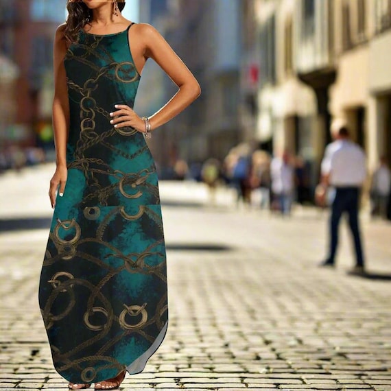 Teal Chain Print Spaghetti Strap Maxi Dress Elegant Sleeveless Summer Dress
