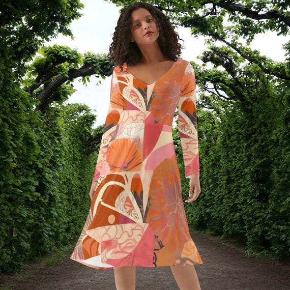 Coral Floral Long Sleeve Dress Pink Orange Botanical Outfit